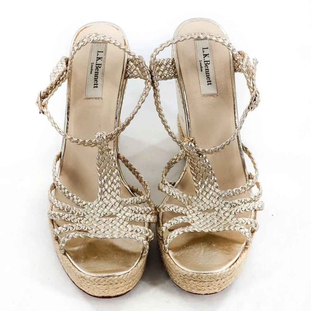 LK BENNETT Gold Leather Braided‎ Woven Espadrille Platform Wedge Heel